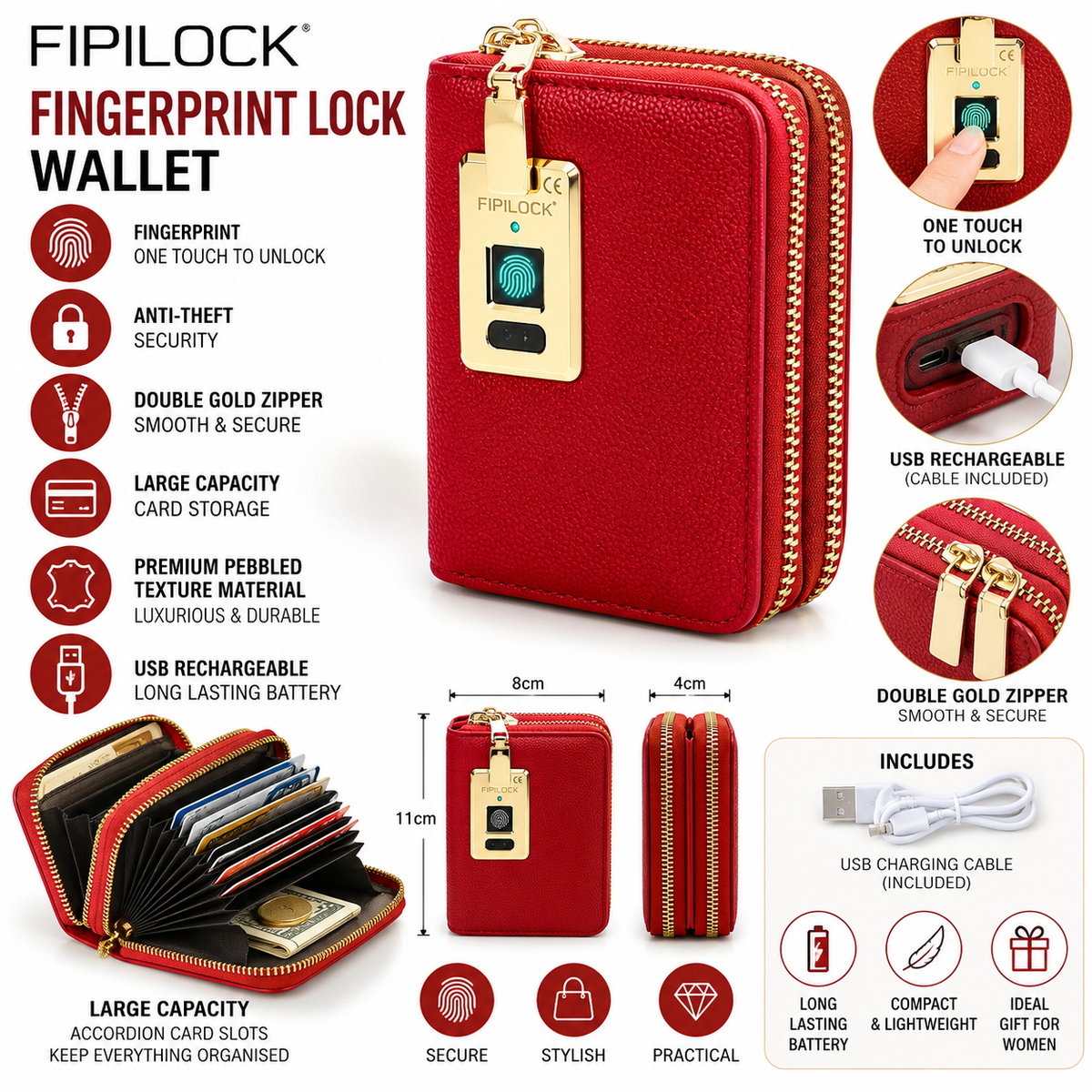 FIPILOCK Women's Mini Fingerprint Lock Wallet – Vintage Red