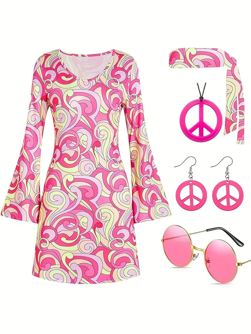 Women’s 70s Retro Hippie Costume Set – 5 Pieces