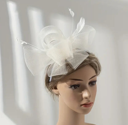 White bow with feathers Derby Fascinator Headband