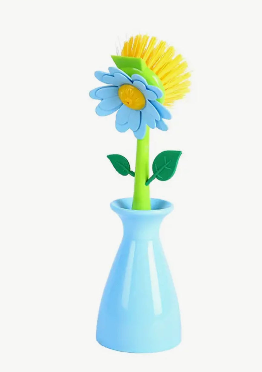 Ensemble de brosse à récurer et de support à fleurs (bleu, vert ou rose)