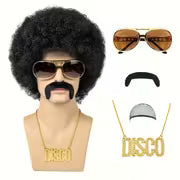 New 80s Punk Rock Costume Set – Gold Chain Necklace & Black Curly Wig