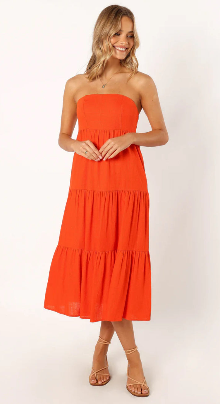 100% Cotton strapless midi dress (Coral red)