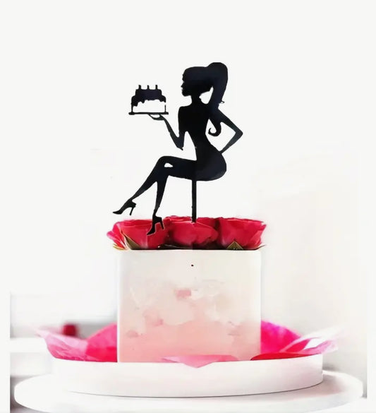 Lady holding birthday cake- cake topper