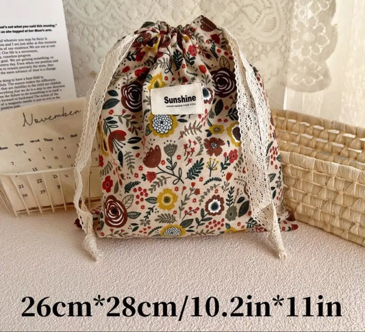 Reusable cotton floral drawstring gift bag