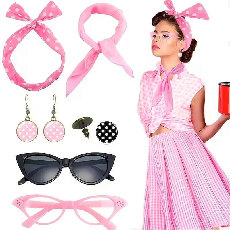 New 1950s Pink Polka Dot Costume Accessories Set