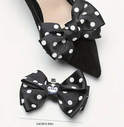 White polka dots in black bows shoe clips