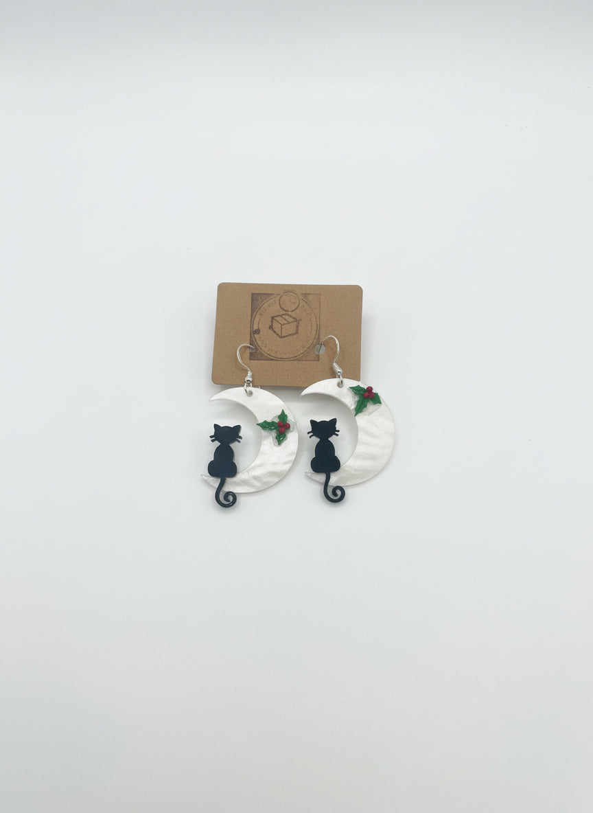 Christmas Cat and Moon Earrings