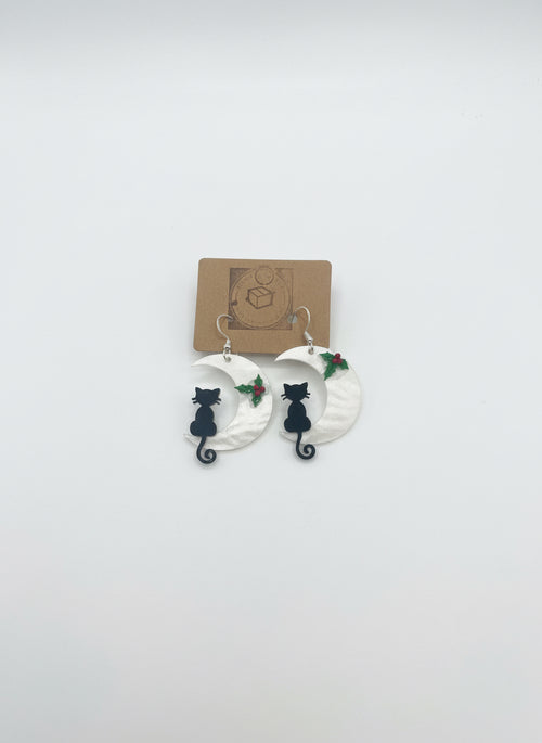 Christmas Cat and Moon Earrings
