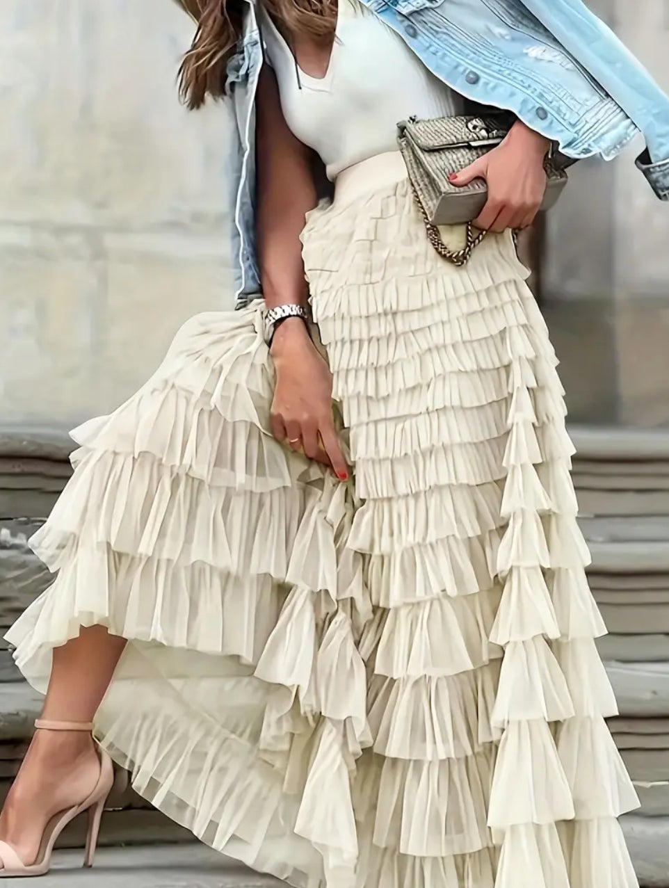 Jupe en maille superposée couleur crème