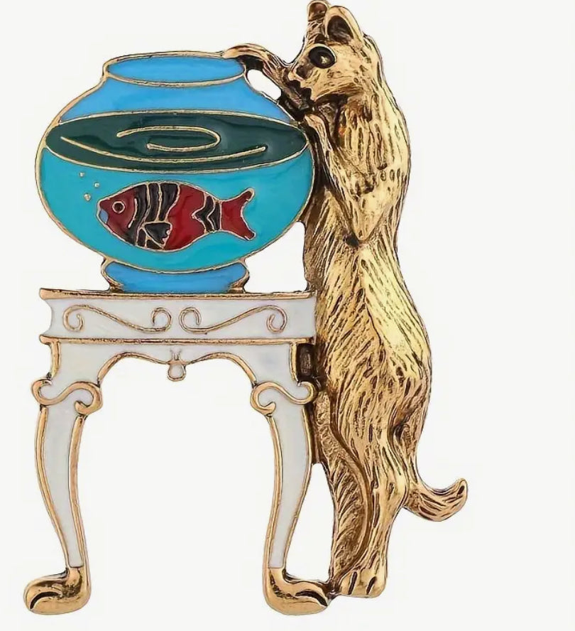 Cat and Fish Bowl Brooch
