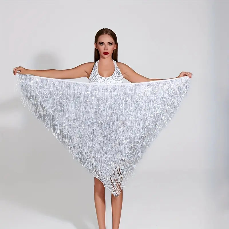 Silver Sequin Fringe Belly Dance Hip Scarf Skirt