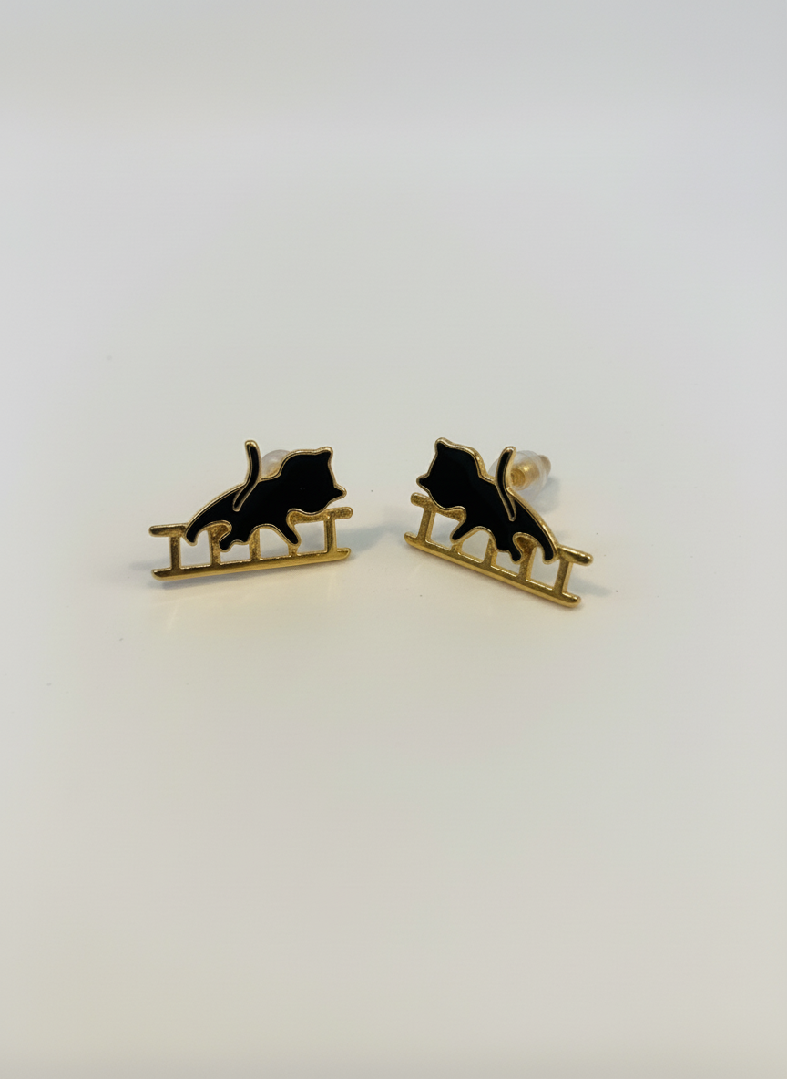 Gold Black Cat Earring