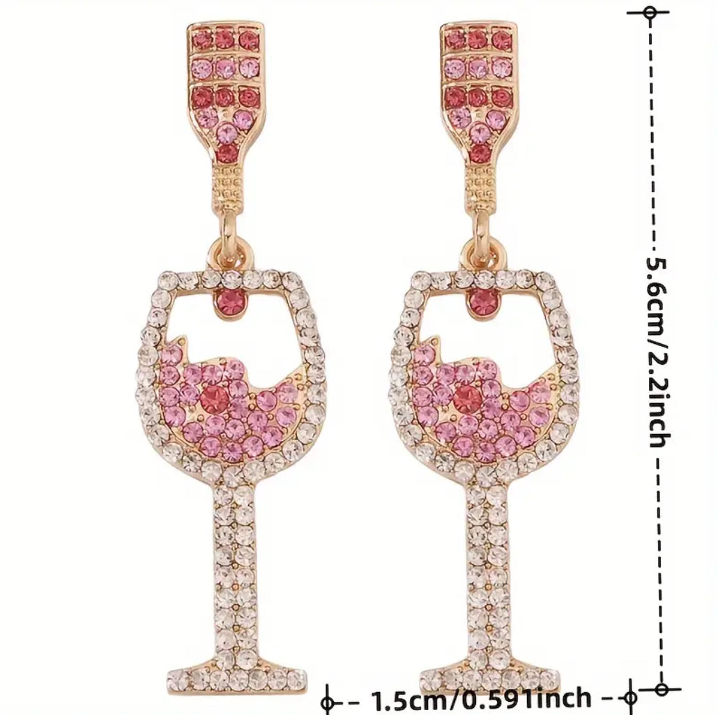 Pink rhinestone wine glass earrings