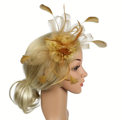 Golden Floral Feather Derby Fascinator Hat