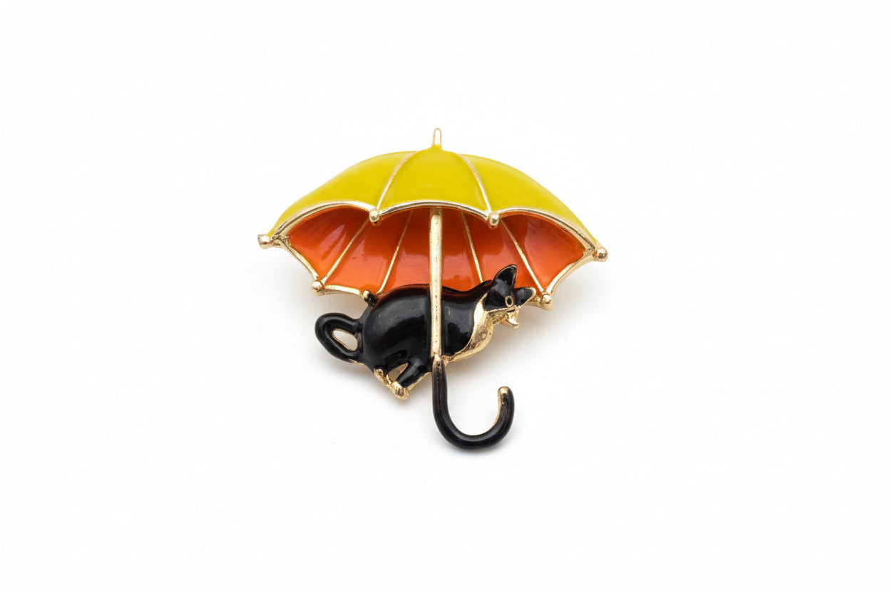 Black Cat under Umbrella Brooch