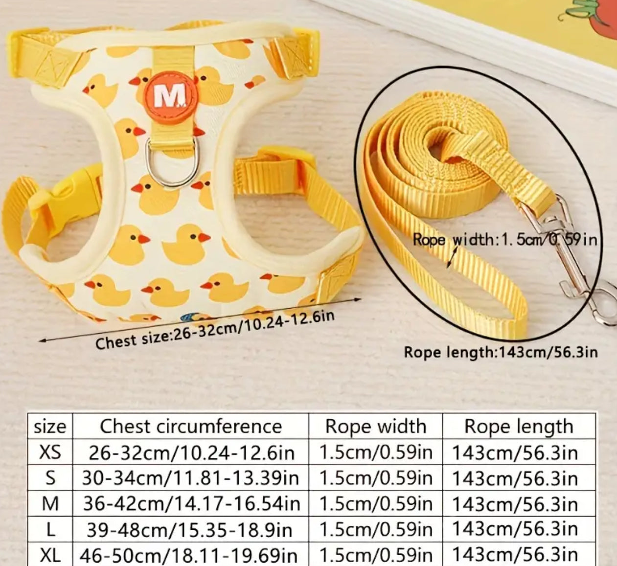 Yellow duck harness and matching leash