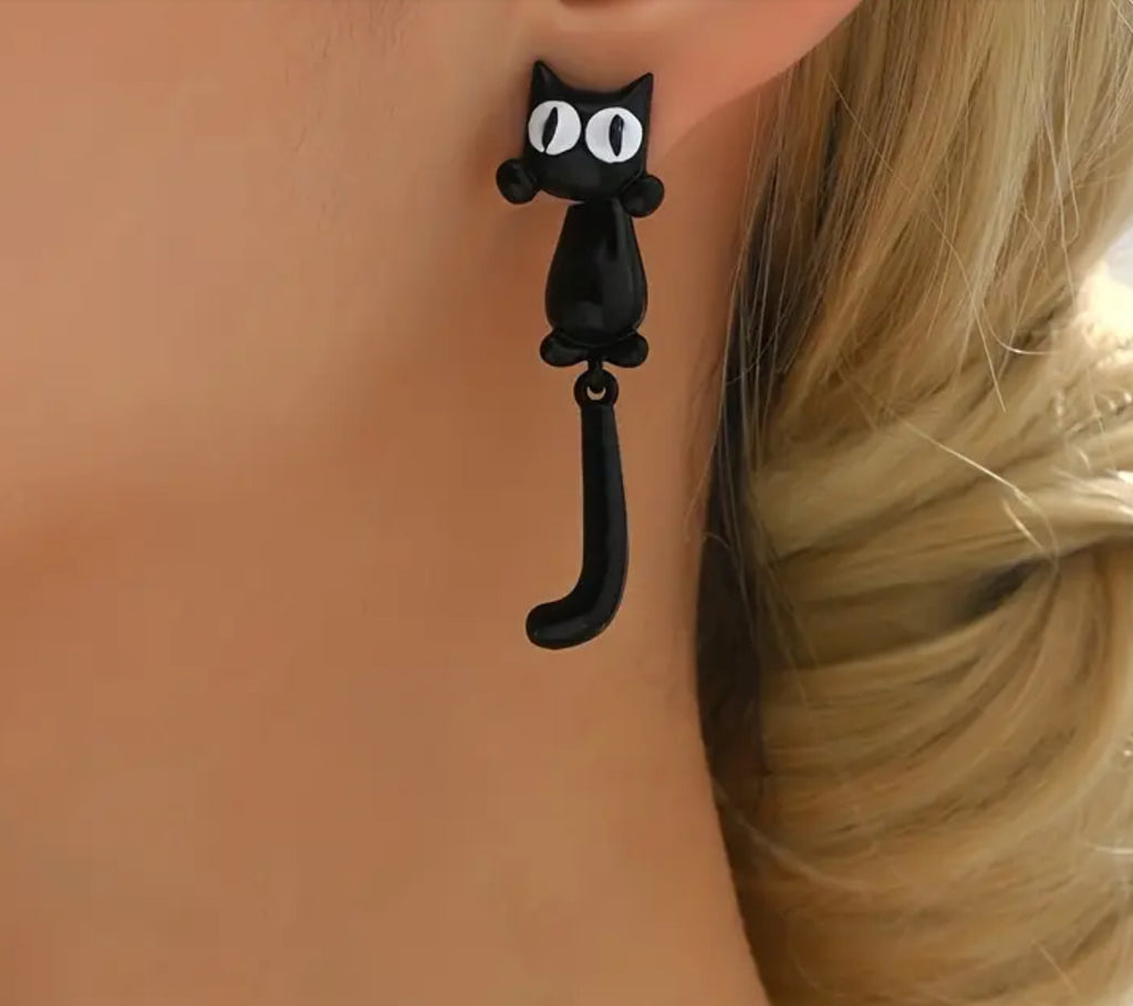 Boucles d'oreilles pendantes chat noir