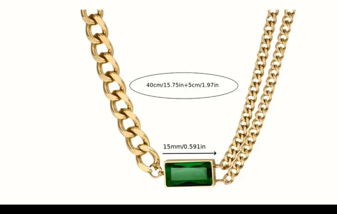 Stainless Steel chain necklace with green zirconia