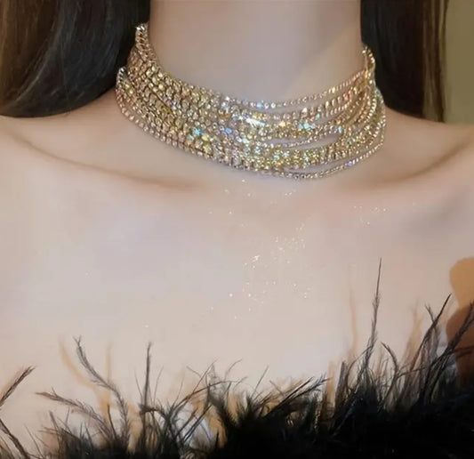 Multi-stranded rhinestone choker