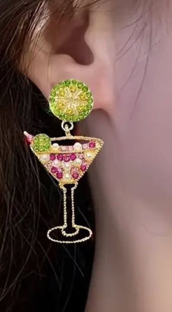 Martini with green olive zirconia earrings