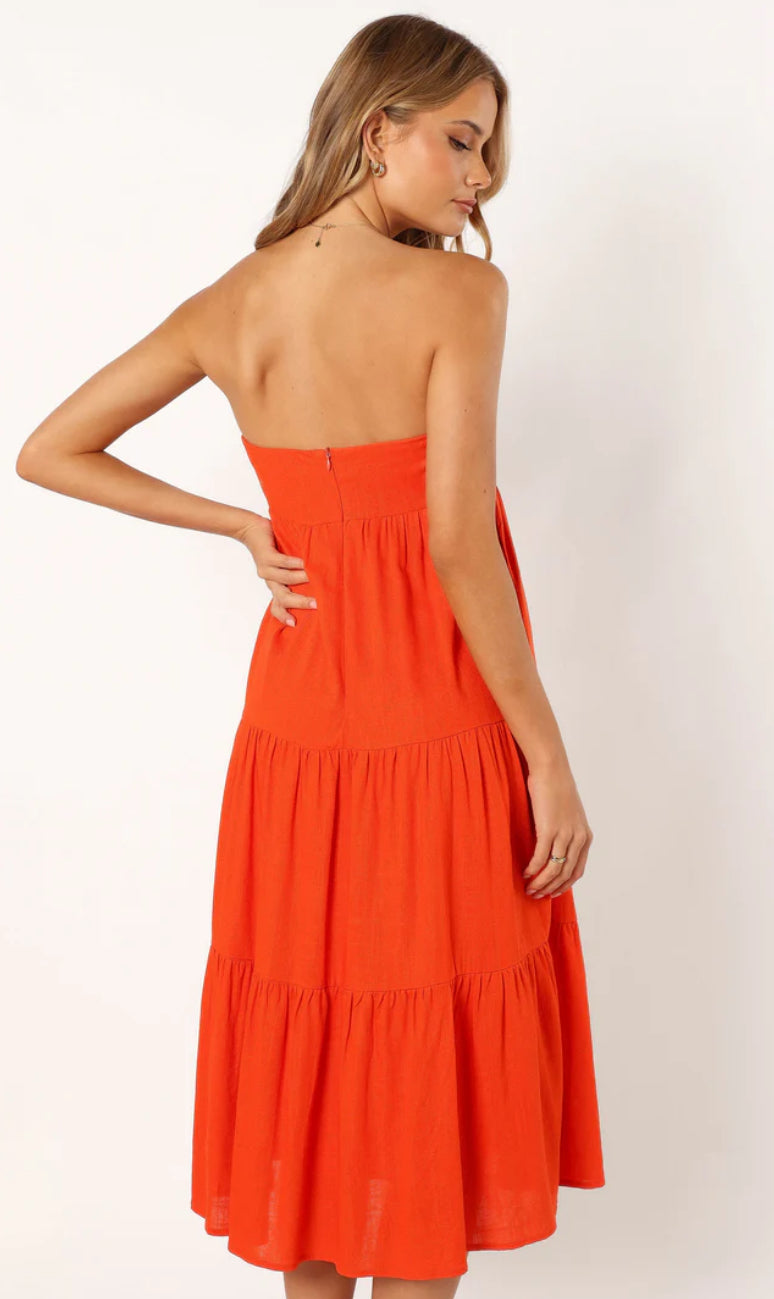 100% Cotton strapless midi dress (Coral red)