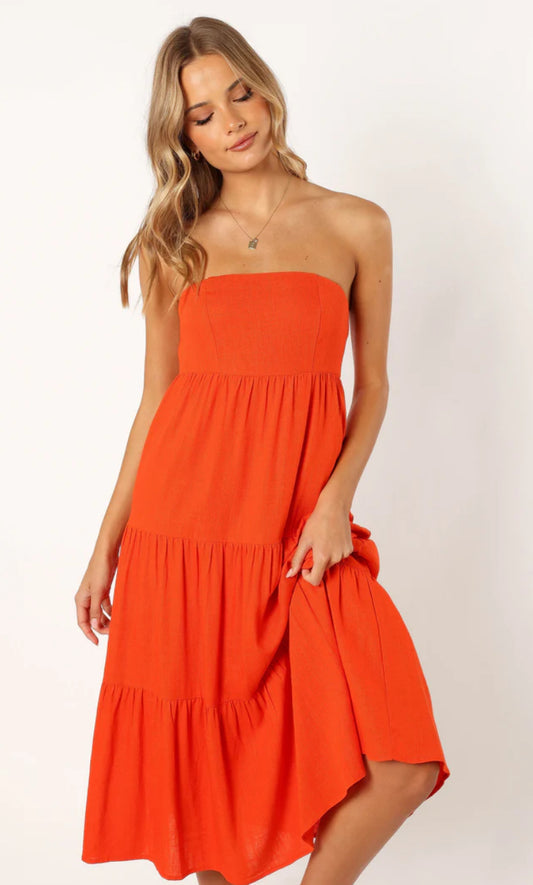 100% Cotton strapless midi dress (Coral red)