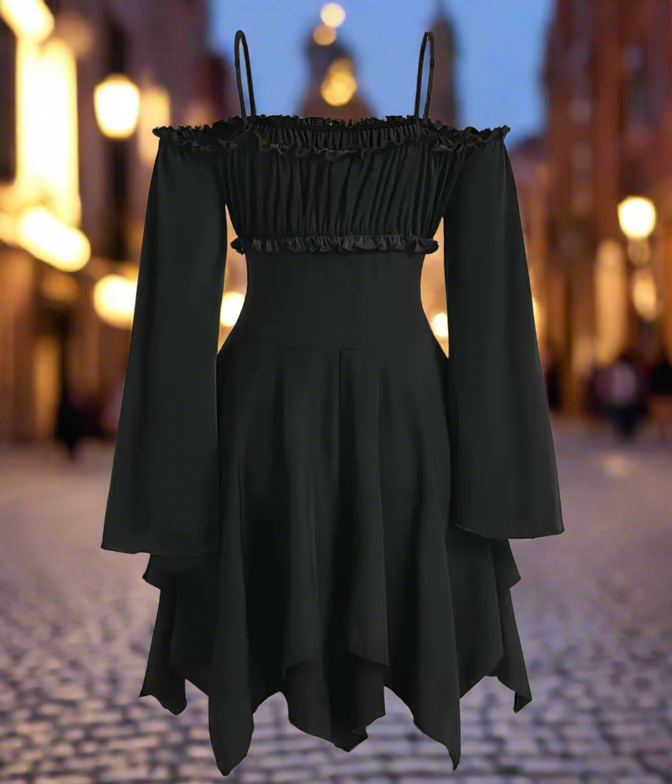 Black Gothic Off-Shoulder Dress – Black Ruched Corset Midi with Ruffle Hem