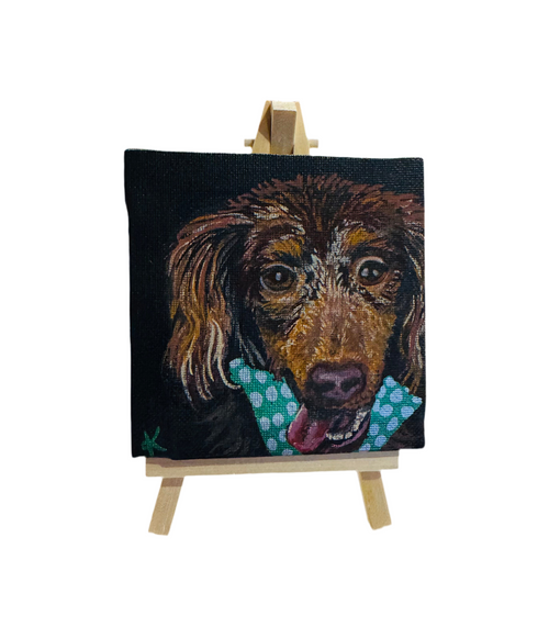 Long-Haired Dachshund Mini Painting on Easel