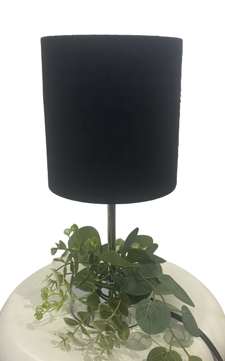 Black Fabric Lamp with Silver Base and Plant Decoration