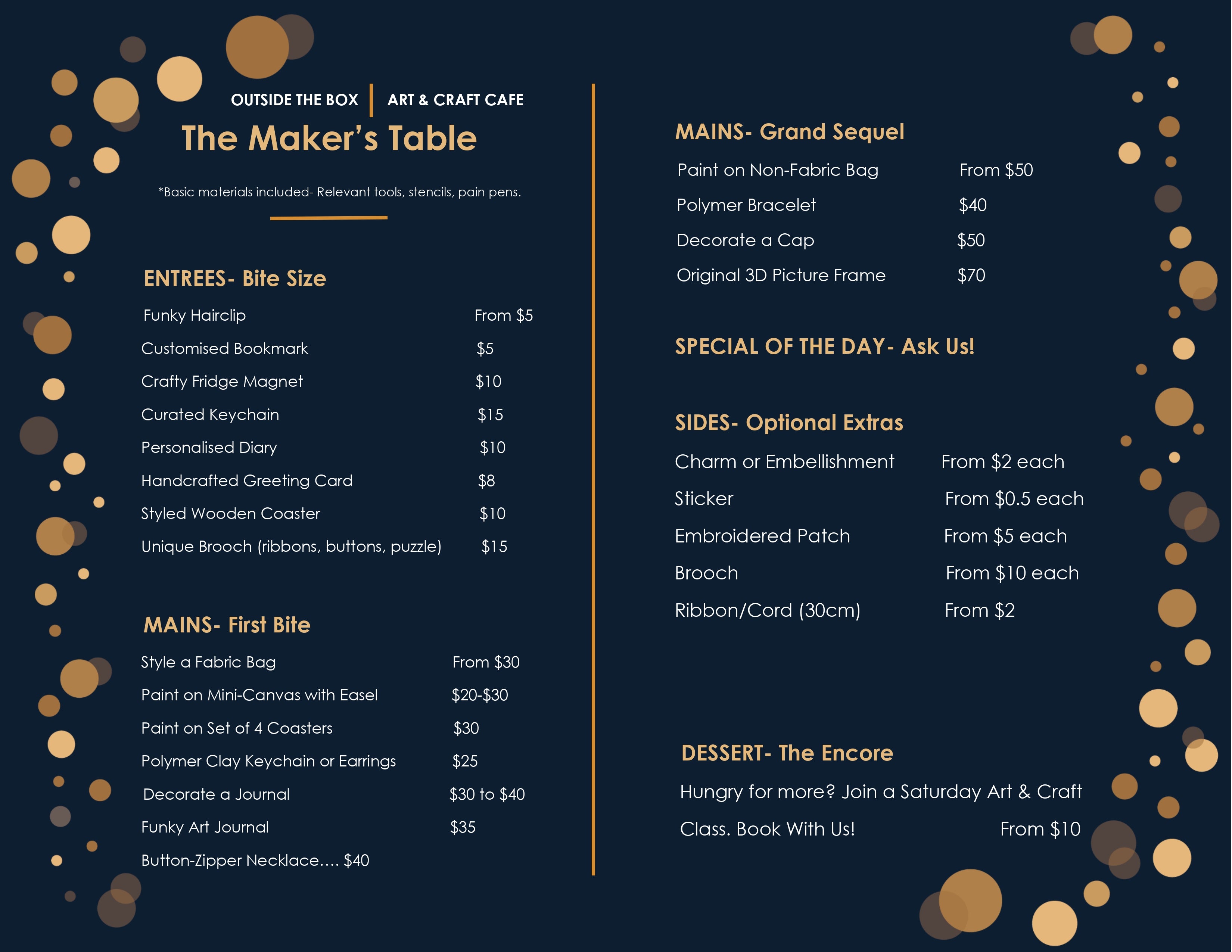 Art and Craft Cafe Activity Menu – Outside The Box