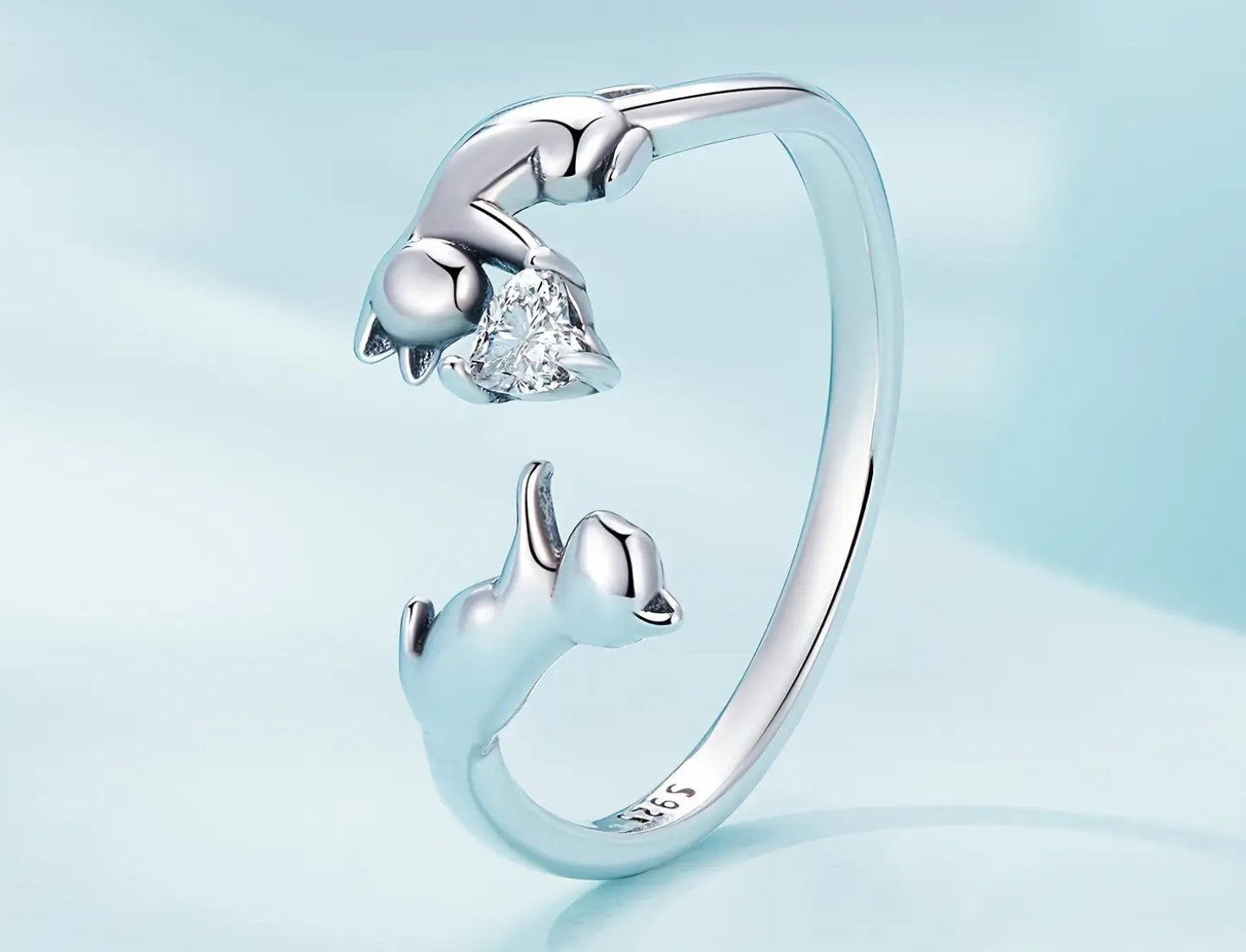 Bague ouverte en argent sterling avec cœur en zircone et chats