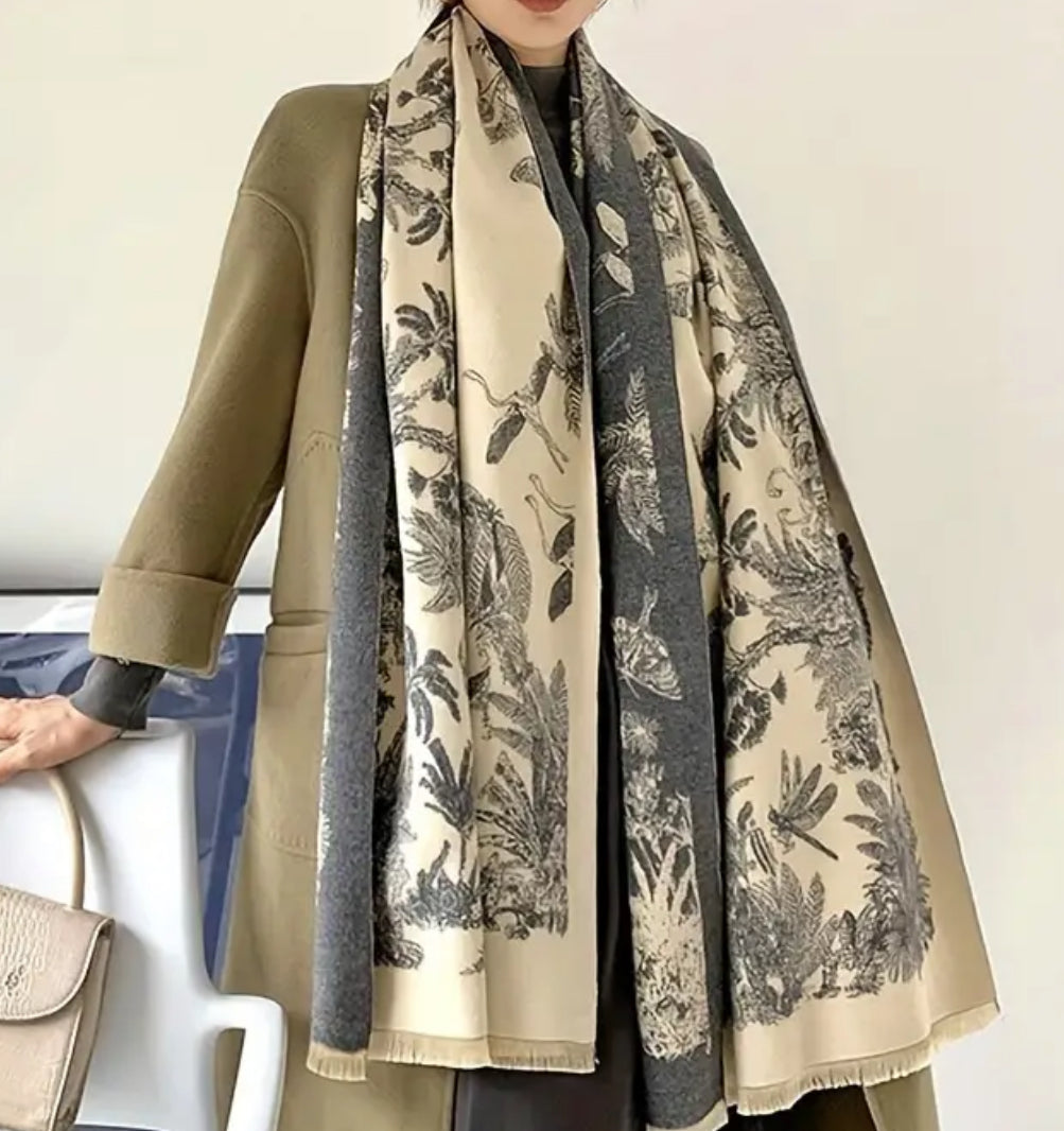 Nature Print Grey/Beige Scarf