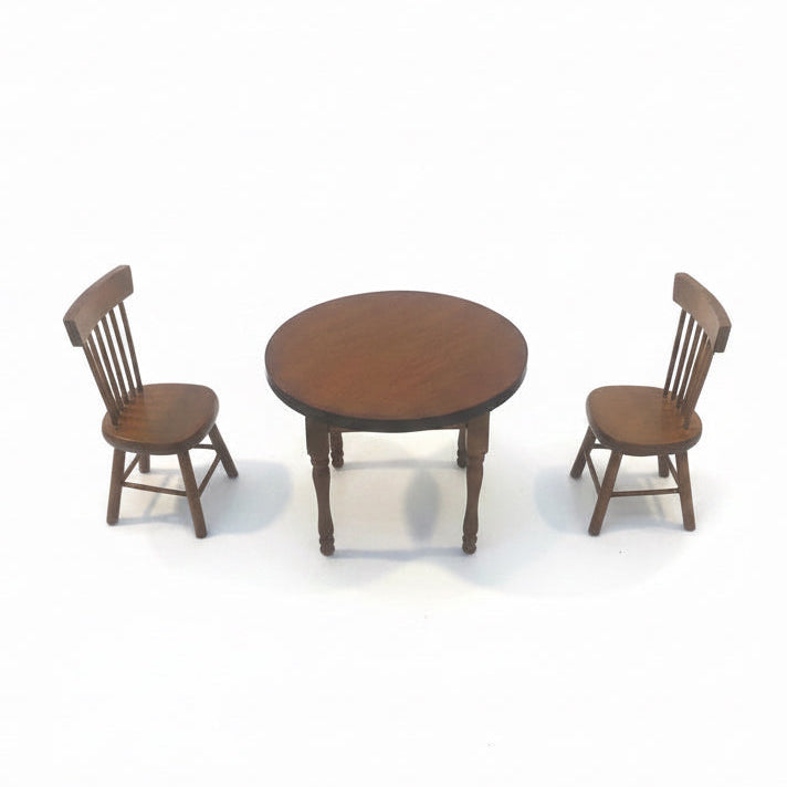 Handcrafted Miniature Wooden Table with Two Chairs