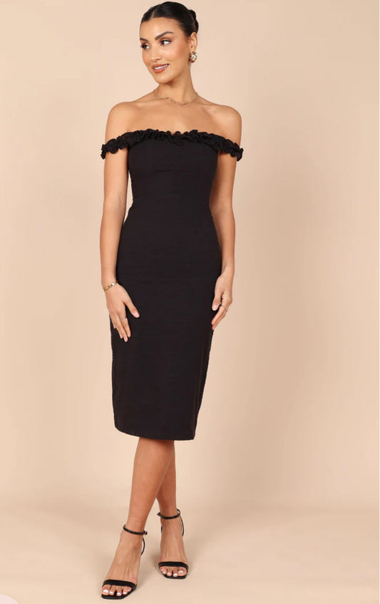 100% Cotton off shoulder midi dress (black)