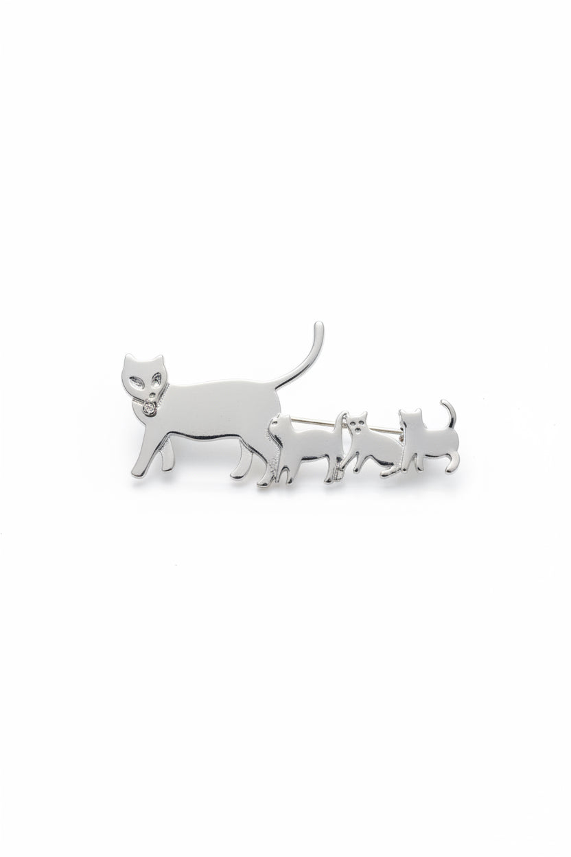 Silver Cat with kittens brooch