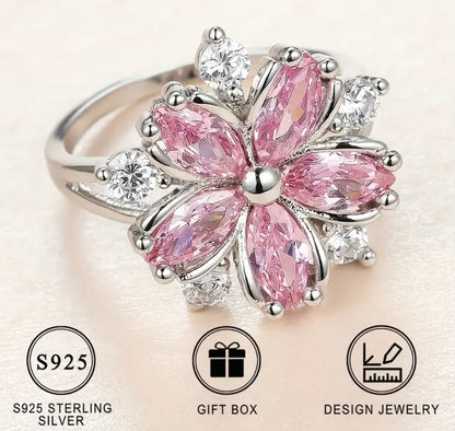 Pink Zirconia Flower Sterling Silver Ring