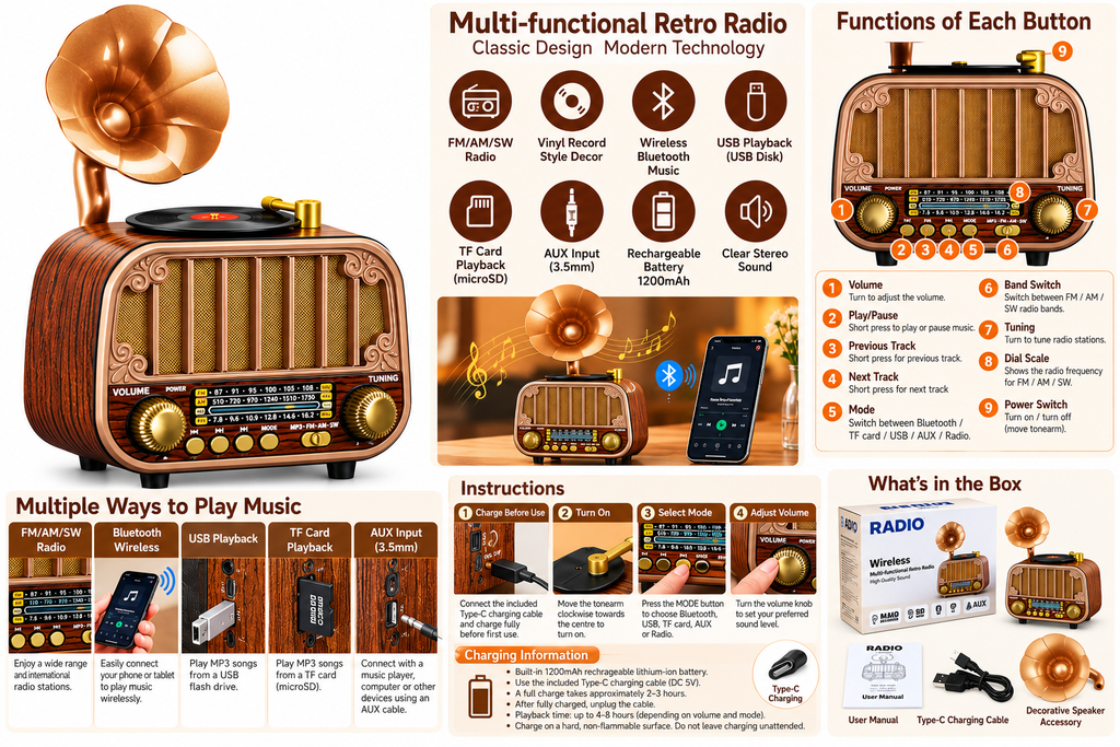 Retro Gramophone Bluetooth Radio & Speaker – Rechargeable