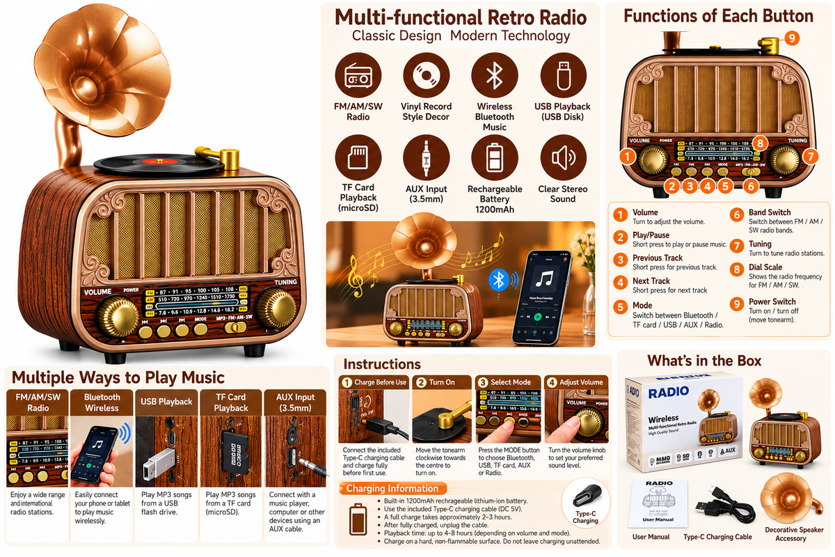 Retro Gramophone Bluetooth Radio & Speaker – Rechargeable