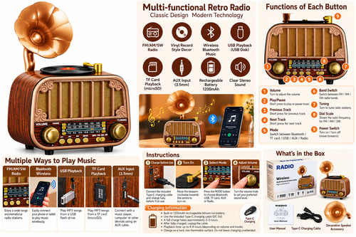 Retro Gramophone Bluetooth Radio & Speaker – Rechargeable