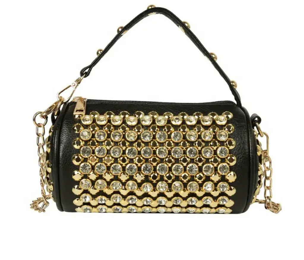 Sac à main en cuir véritable noir avec strass dorés