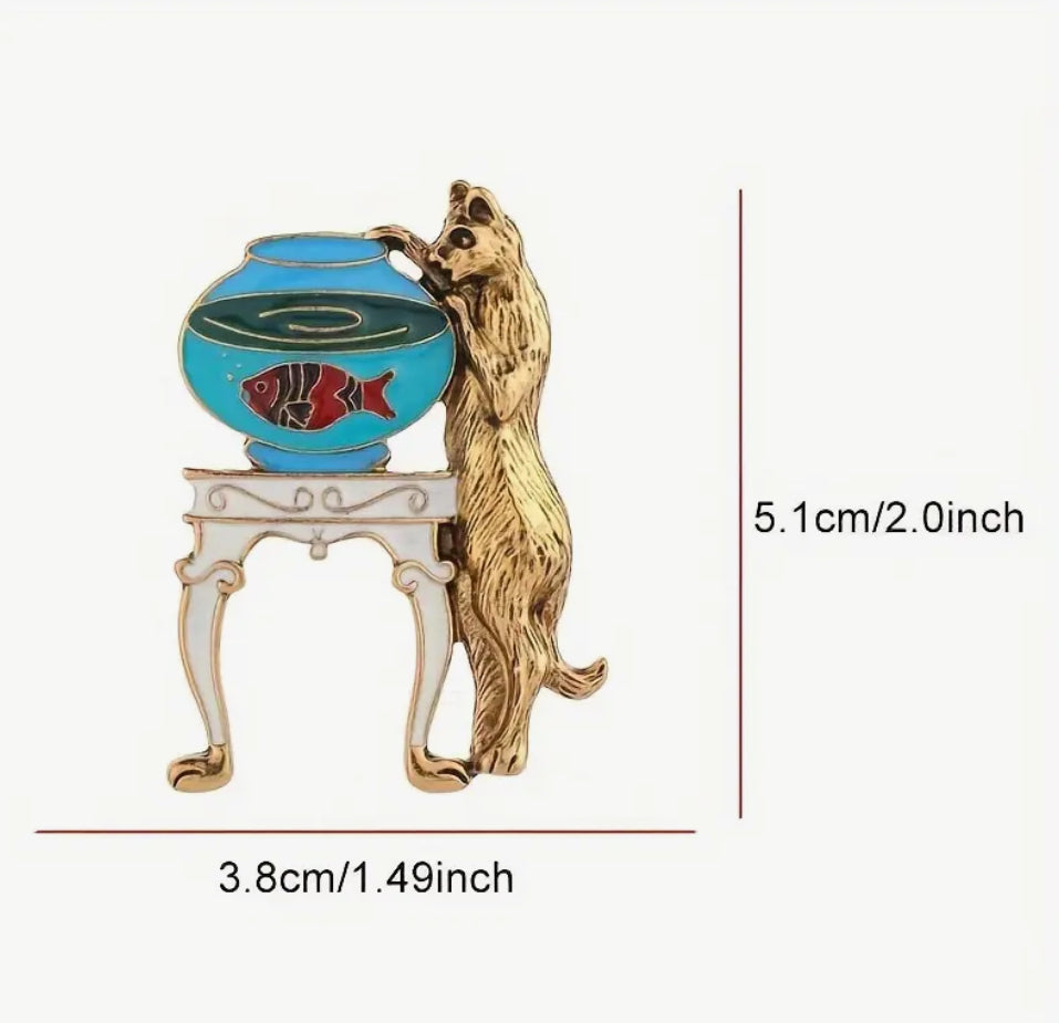 Cat and Fish Bowl Brooch