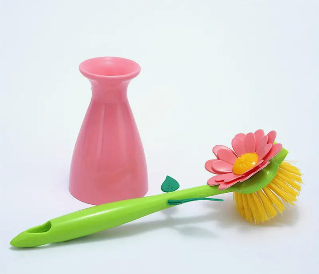 Ensemble de brosse à récurer et de support à fleurs (bleu, vert ou rose)