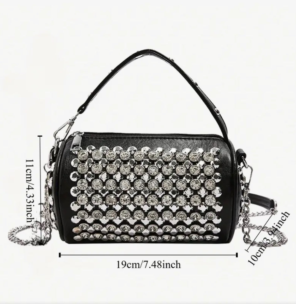 Sac à main en cuir véritable noir avec strass dorés