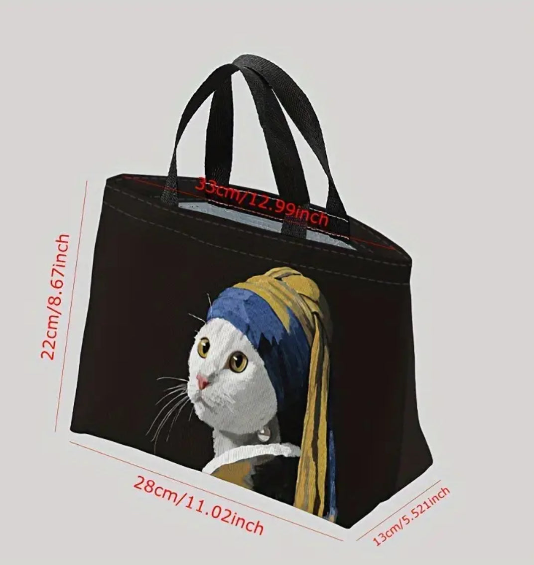 Cat with Pearl Earrings insulated lunch bag