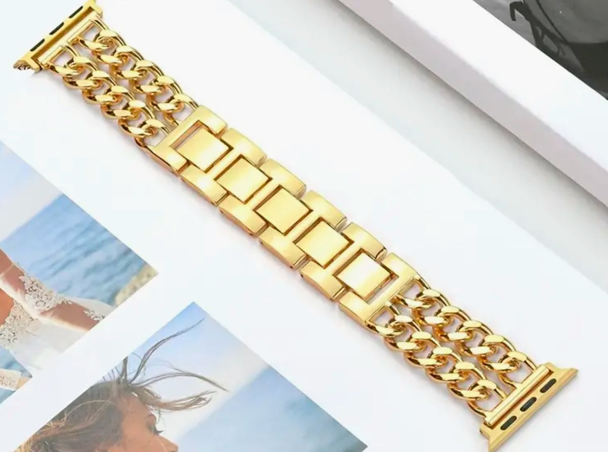 Bracelet double chaîne en acier inoxydable doré pour Apple Watch 42/44/45/49 mm