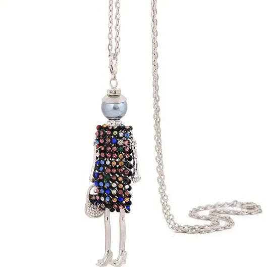 Dangling lady in Sparkly Dress chain necklace