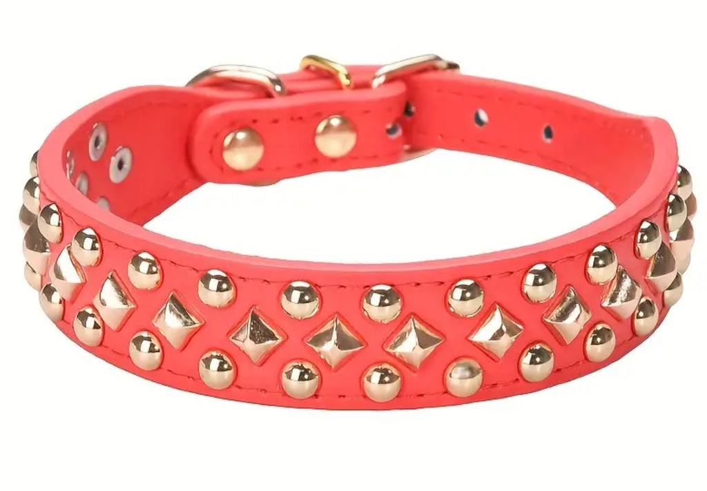 Collier pour animal de compagnie en similicuir rouge avec clous dorés
