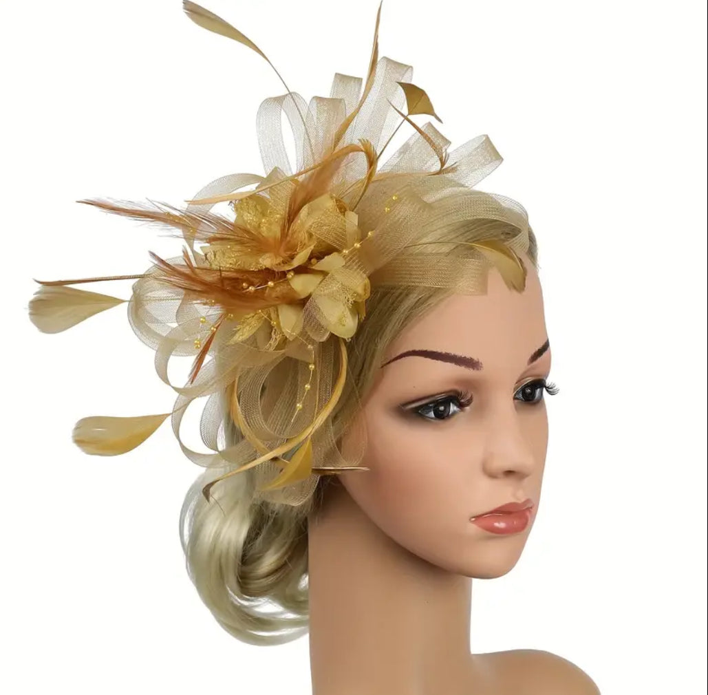 Golden Floral Feather Derby Fascinator Hat