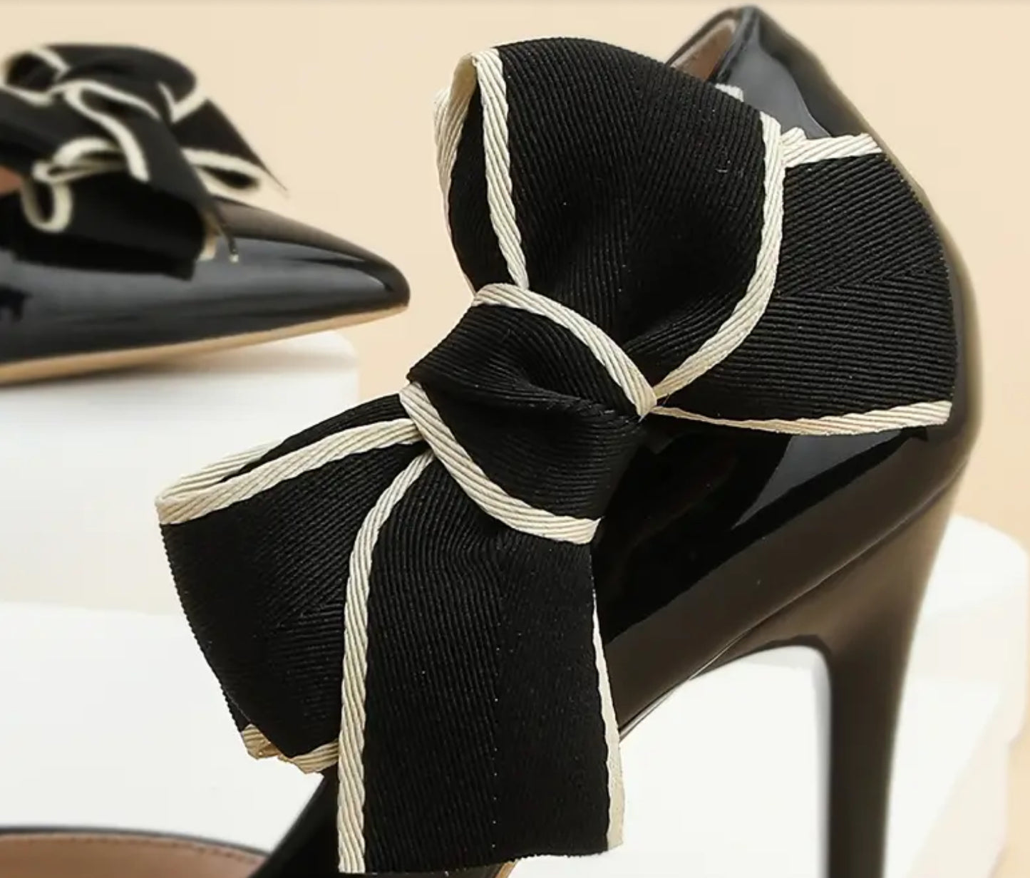 Bow shoe clips with black  ribbon with white edging