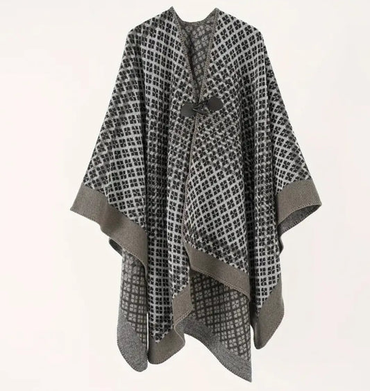 Black Large Plaid Poncho